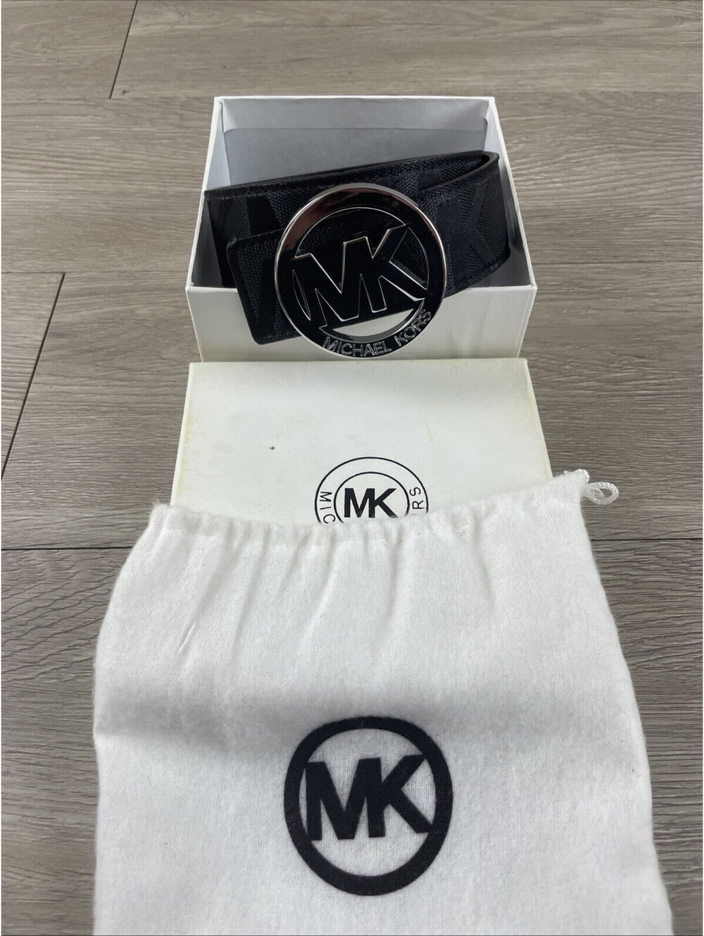 Michael Kors Leather MK Logo Buckle Belt Black Sz 38-42